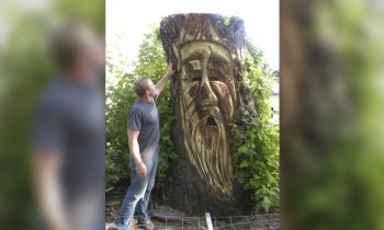 Uncovering the ‘Tree Spirit’:  Geho uses chain saw to add character to nine foot tree stump